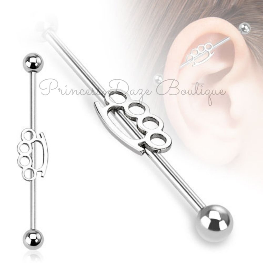 Silver Brass Knuckle Industrial Barbell Earring